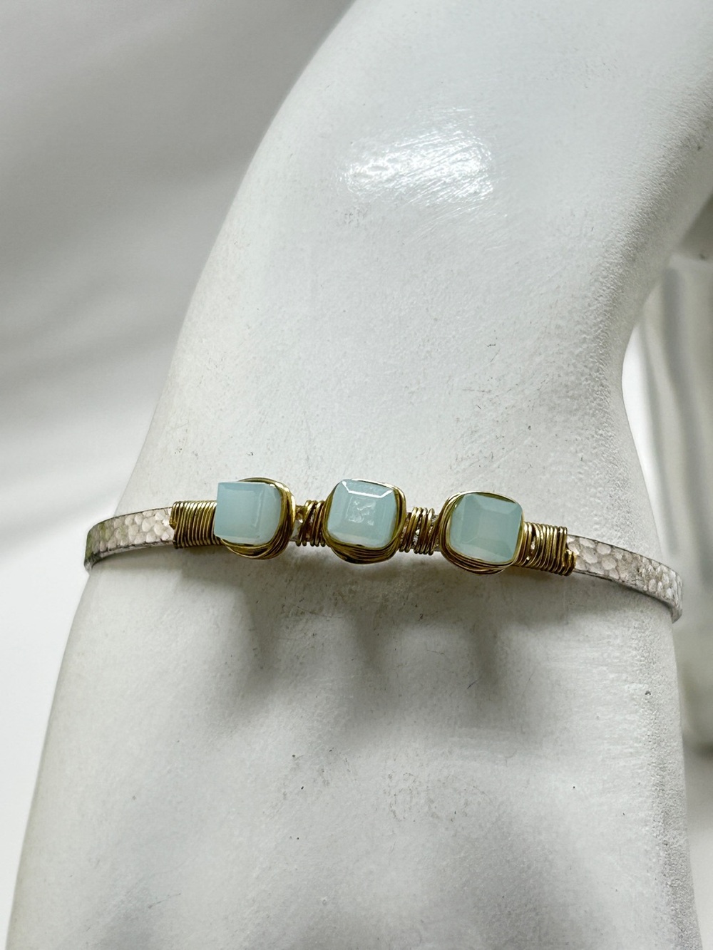 Canvas, Silver Bracelet With  Pale Blue Amazonite And Gold Wire Wrap,